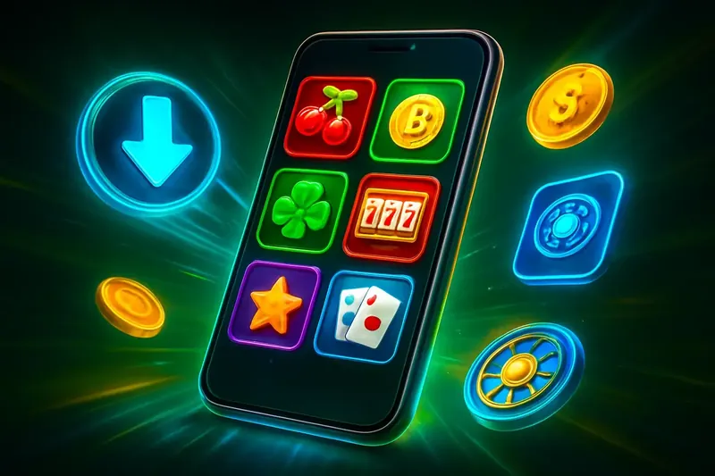 Premium Casino App Glossy smartphone casino app banner with neon download energy effects