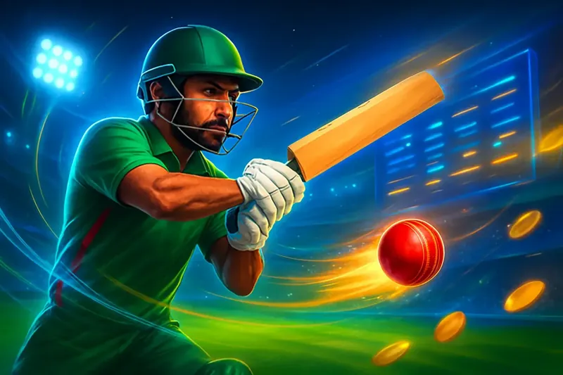 Cricket Sportsbook Action Cricket batter striking ball under stadium lights for sportsbook banner