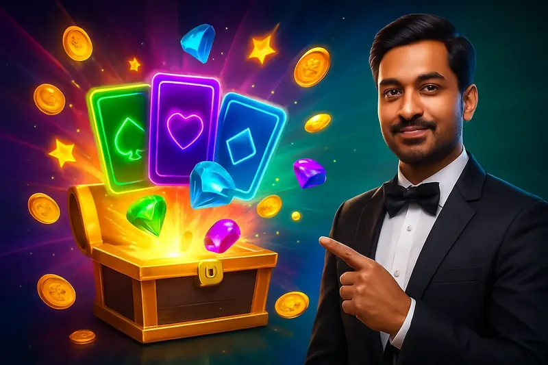 Reward Chest Burst Glowing reward chest with cards, coins, gems, and stars bursting out