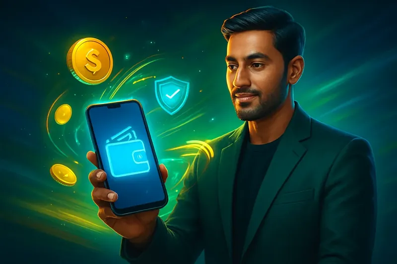 Hand holding smartphone with secure mobile wallet, coins, and speed effects