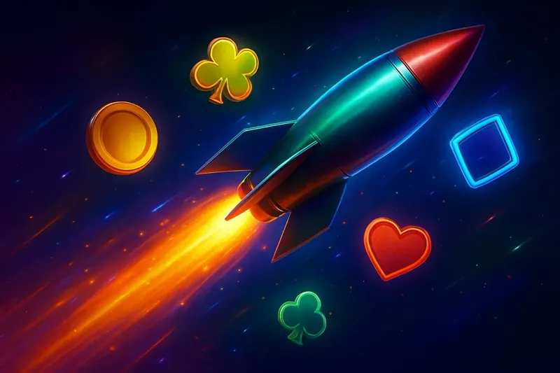 Rocket Speed Launch Glossy rocket launch casino banner with neon trail and game particles