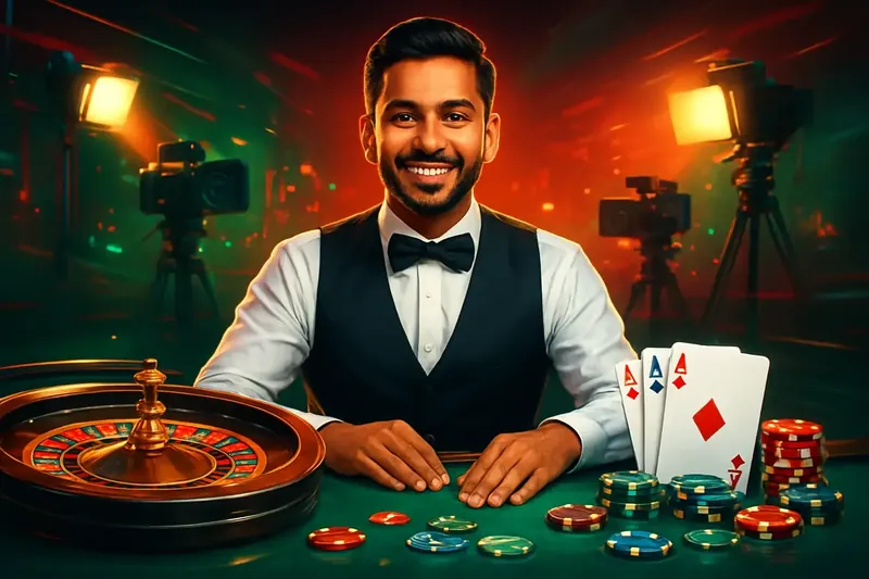 Live Dealer Banner Friendly professional live dealer with roulette, cards, chips, and studio lights