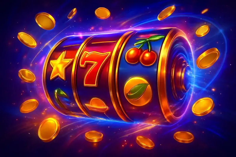Explosive Slot Reels Colorful spinning slot machine reels with coins, sparkles, and neon glow
